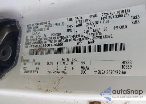 2016 Ford F-150 Xl z USA, uszkodzony, nr VIN 1FTMF1C85GFD30800